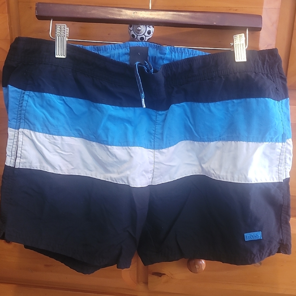 Boss Men's Black, Blue, and White Swim Trunks